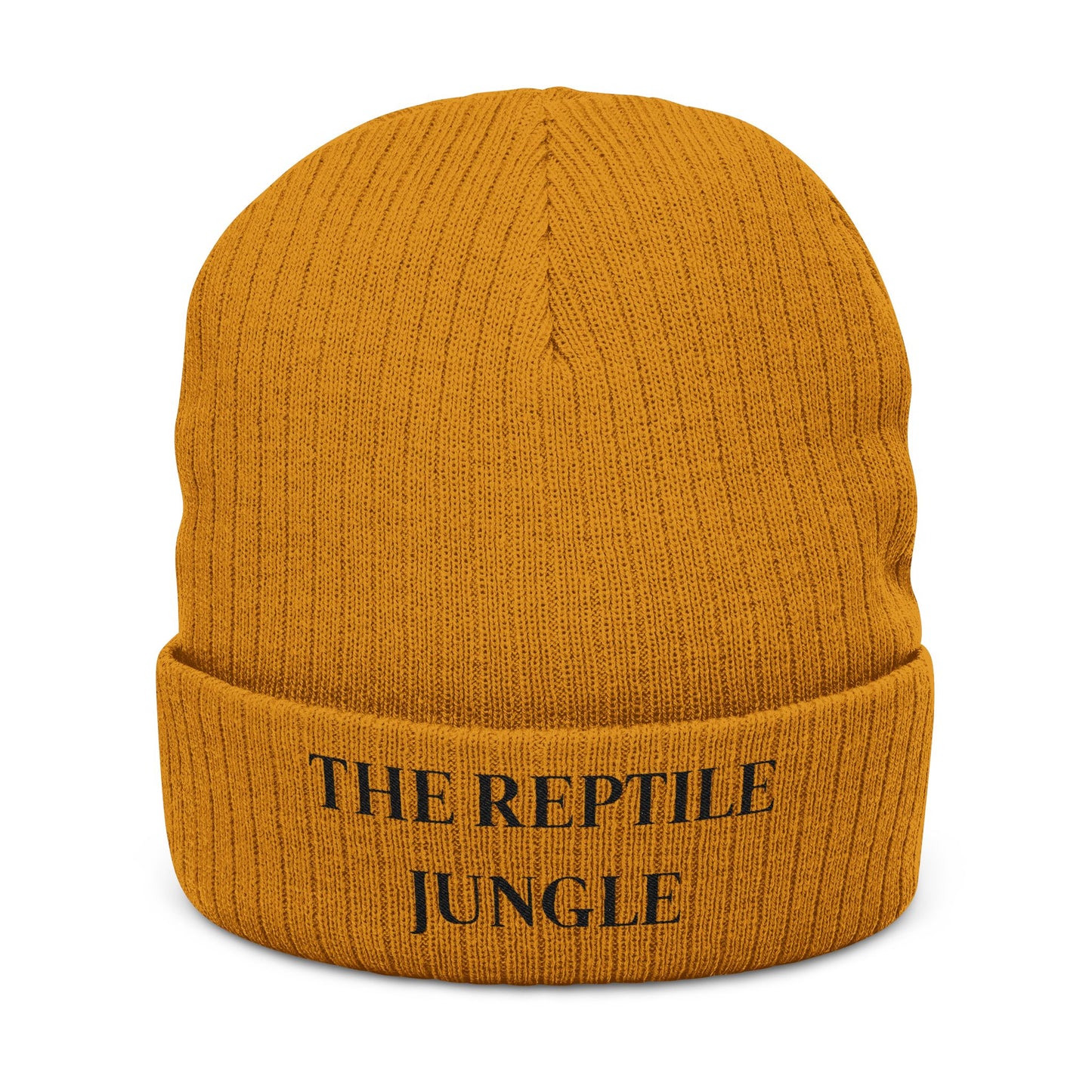 The Reptile Jungle Mustard Knit Beanie - Embroidered Cuffed Winter Hat