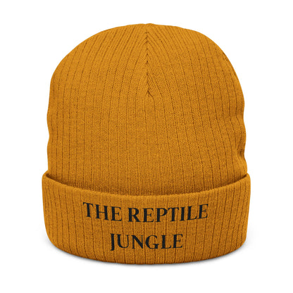 The Reptile Jungle Mustard Knit Beanie - Embroidered Cuffed Winter Hat