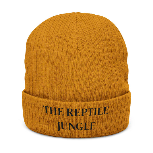 The Reptile Jungle Mustard Knit Beanie - Embroidered Cuffed Winter Hat